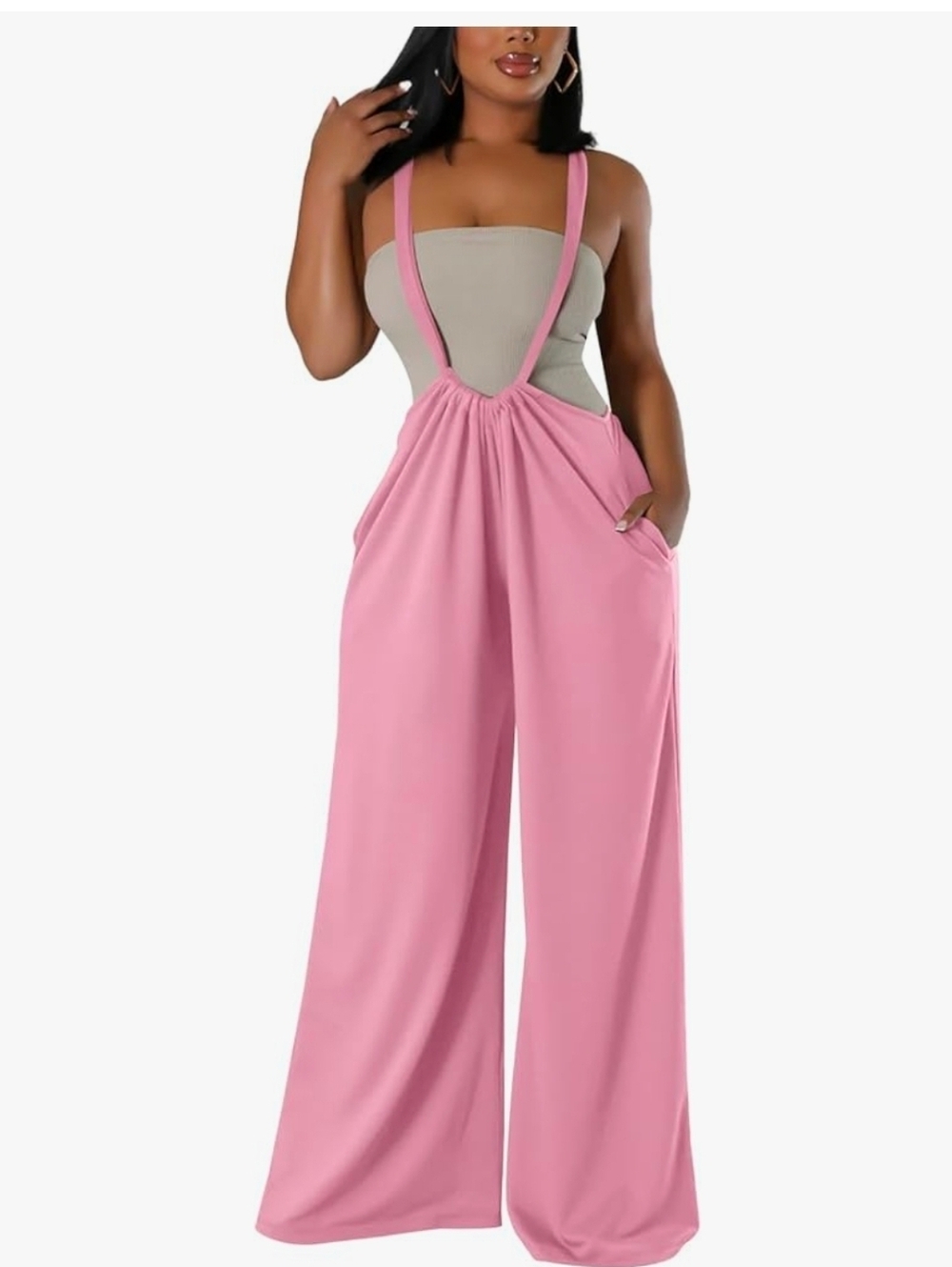 NWOT Pink Wide-Leg Suspender Jumpsuit